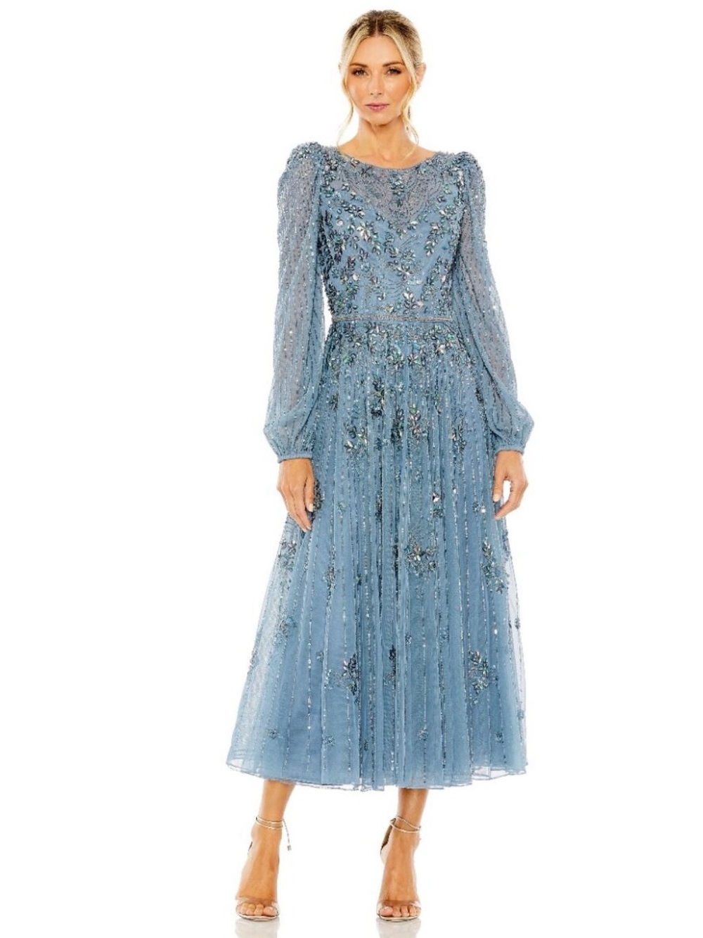 NWT, Size 16 Mac Duggal Slate Blue Embellished Long Sleeve Midi Dress